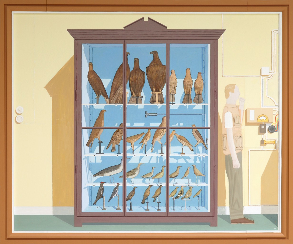 Stort fugleskap mot gul vegg (2005) — Leonard Rickhard